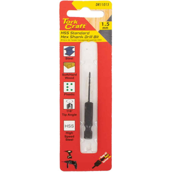 Tork Craft 1.5mm HSS Drill Bit - Hex Shank for Steel, Wood, Plastic Drilling | High-Speed Steel Bit