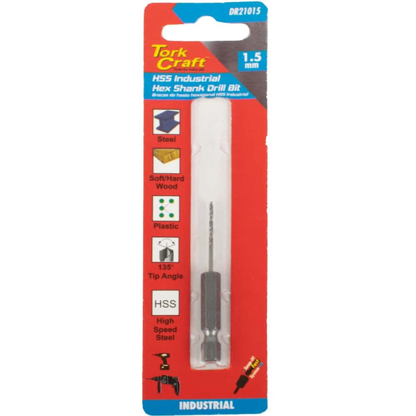 Tork Craft 1.5mm HSS Industrial Hex Shank Drill Bit for Steel, Wood, Plastic - 135 Degree Tip