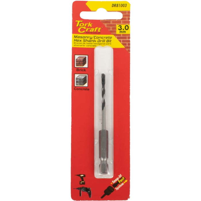 Tork Craft 3.0mm Masonry/Concrete Drill Bit, Hex Shank. Drilling for Brick, Concrete. Tool, Drill Accessory.