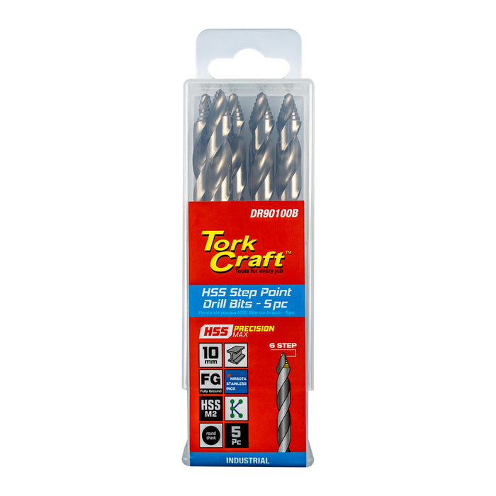 Tork Craft HSS Step Point Drill Bits - 5 pc, 10mm. High-Speed Steel Drill Bit Set.