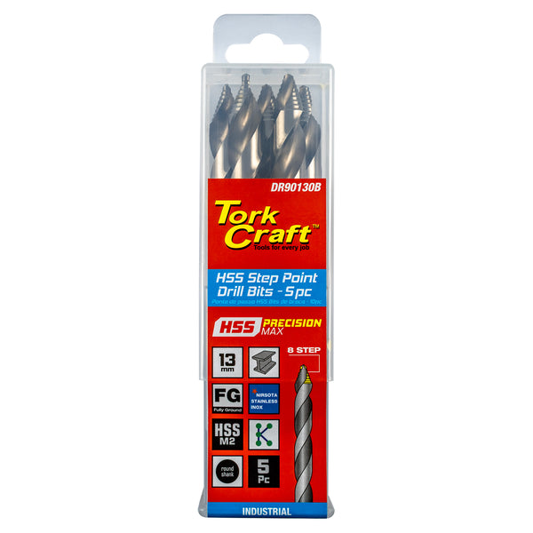 Tork Craft HSS Step Drill Bits, 13mm, 5-Pack. High-Speed Steel Drill Bit Set for Metal, Wood, and Plastic.