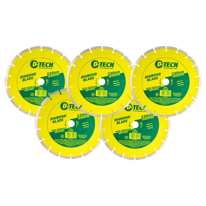 D-Tech 230mm Diamond Blade - Segmented for Brick & Masonry Cutting - 5 Pack. Professional Grade Cutting Disc.