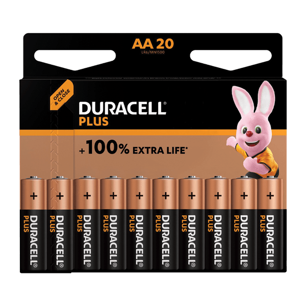Duracell Plus AA Batteries - 20 Pack. Long-lasting power, +100% Extra Life. Reliable energy for your devices.
