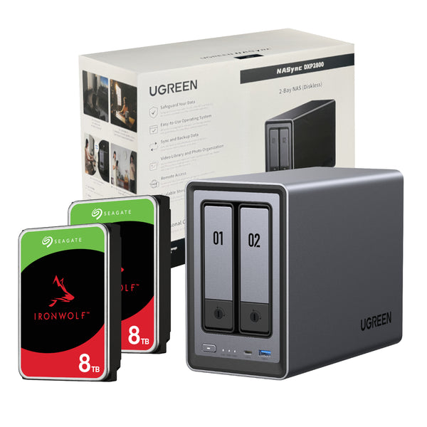 UGreen NASync DXP2800 2 Bay NAS with Seagate Ironwolf NAS 16TB SATA Hard Drive Bundle (2x 8TB)-DXP2800-16TB