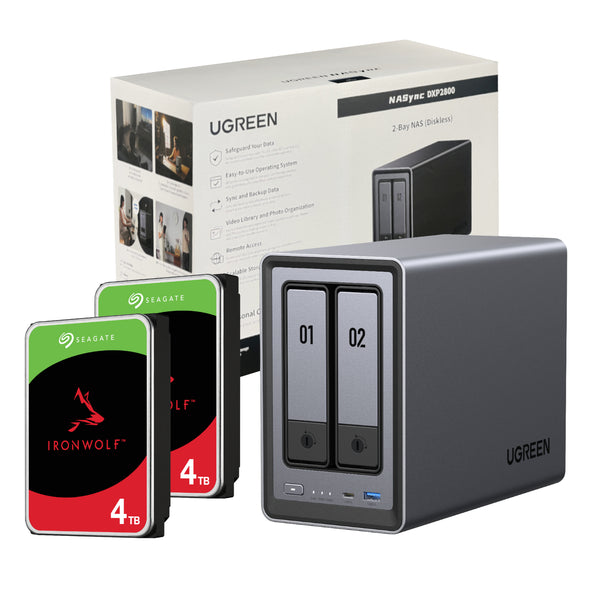UGreen NASync DXP2800 2 Bay NAS with Seagate Ironwolf NAS 8TB SATA Hard Drive Bundle (2x 4TB)-DXP2800-8TB
