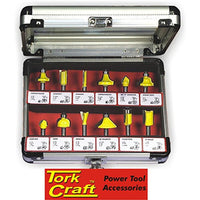 Tork Craft 12-Piece Router Bit Set in Aluminum Case, 1/4 Inch Shank - Professional Woodworking Accessories