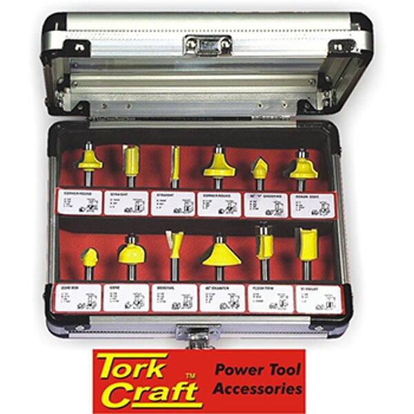 Tork Craft 12-Piece Router Bit Set in Aluminum Case, 1/4 Inch Shank - Professional Woodworking Accessories