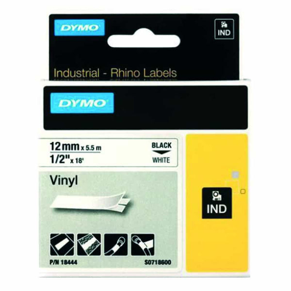 Dymo Rhino Vinyl Tape 12mm x 5.5M Black on White
