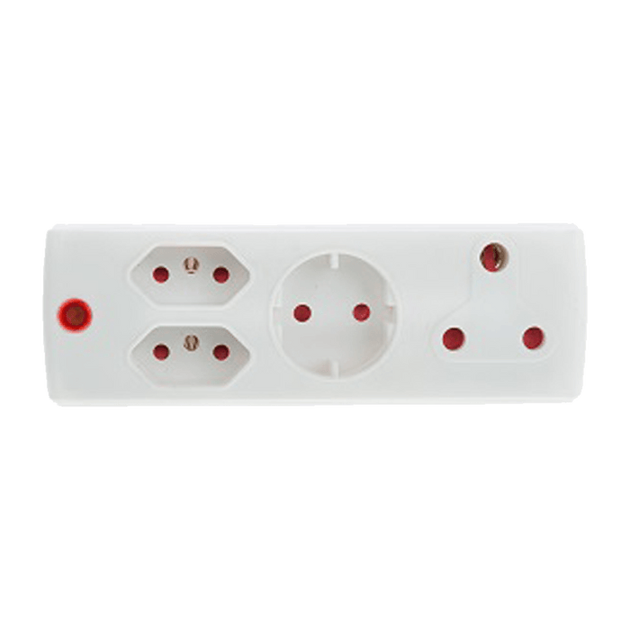 EA009L Multi-Plug Adapter: 1x16A, 2x5A, 1xSK. Euro 3-Pin Design, LED Indicator, Safety Shutters