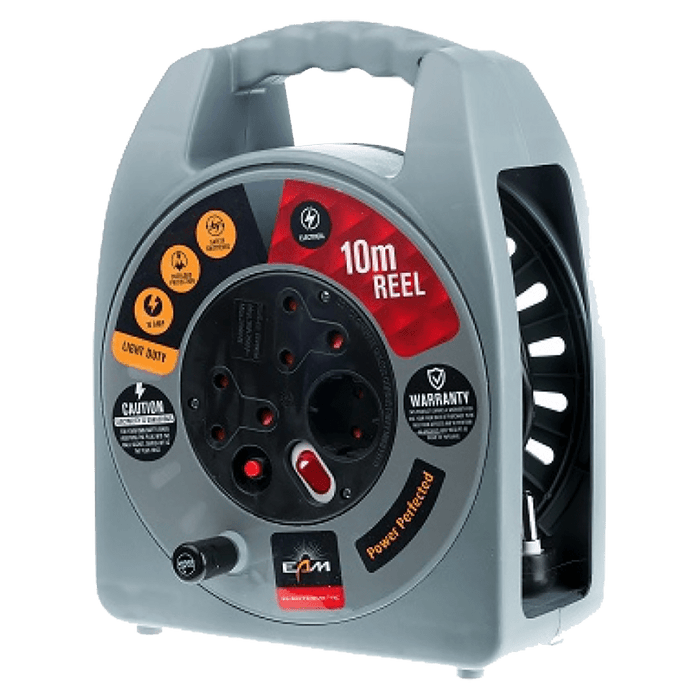 EAM 10M Extension Cord Reel: 10A, Light Duty Power Cable Reel with Overload Protection & Carry Handle - Perfect for light duty applications
