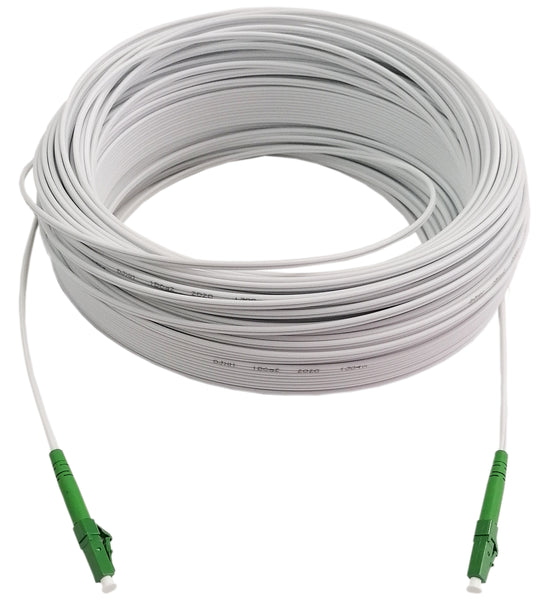 60M Fiber Optic Cable LC-LC APC Single Core - Outdoor Drop Cable by Chavda.com: White cable with green LC connectors coiled