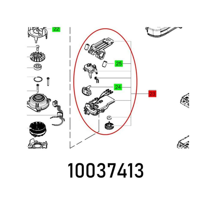 Electronic Parts Diagram: Replacement components with part number 10037413, featuring numbered parts 22, 23, 24, and 25.