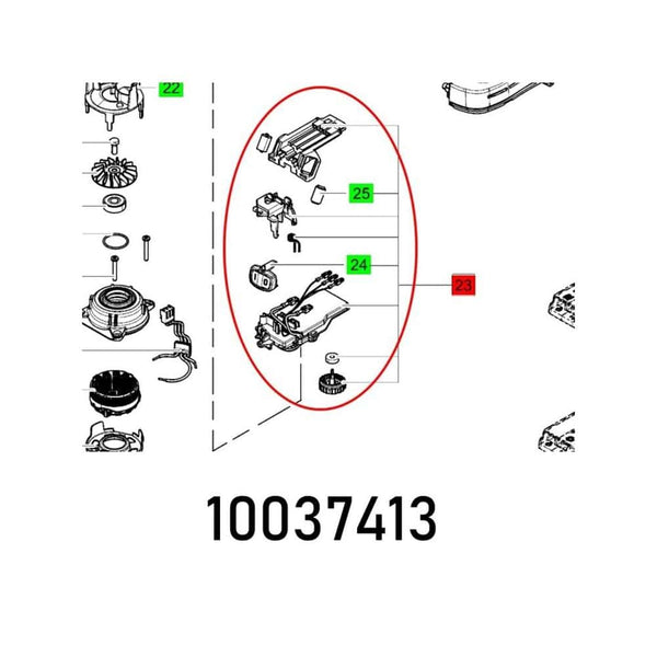 Electronic Parts Diagram: Replacement components with part number 10037413, featuring numbered parts 22, 23, 24, and 25.