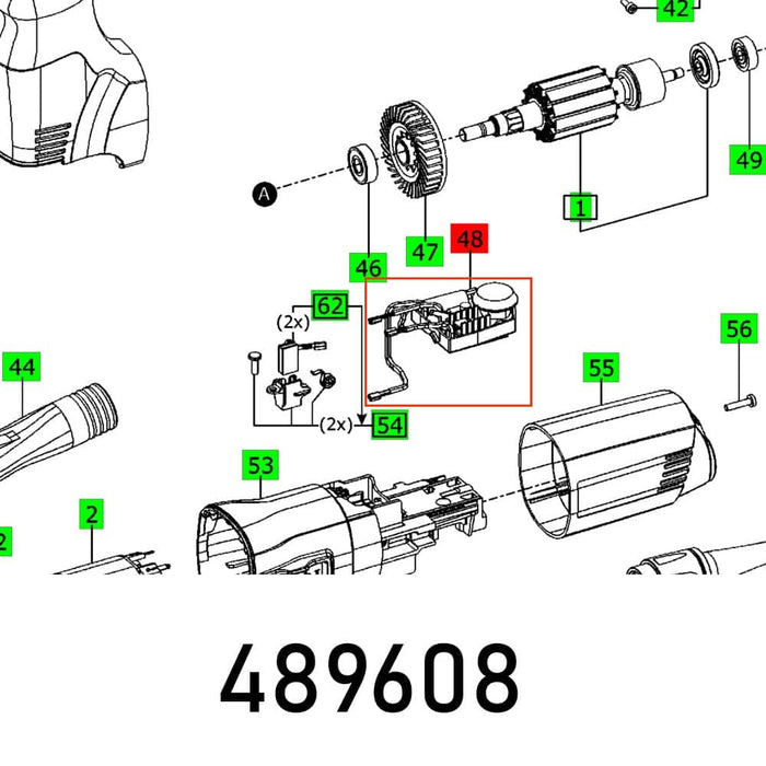 ELECTRONIC PS 300 E Parts Diagram: Exploded view of power tool components - motor, brushes, housing. Part Number FES489608