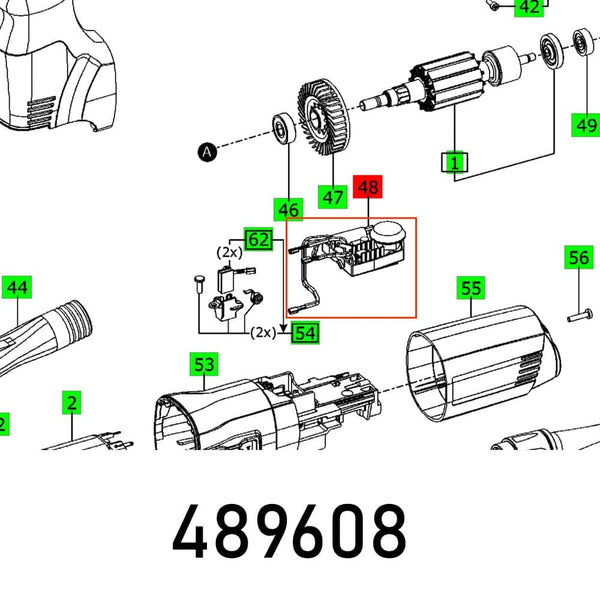 ELECTRONIC PS 300 E Parts Diagram: Exploded view of power tool components - motor, brushes, housing. Part Number FES489608