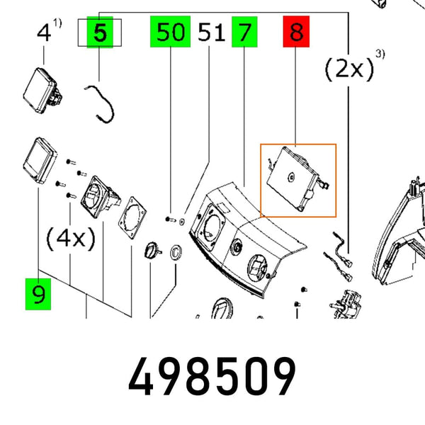 Electronics Diagram: Parts 4,5,7,8,9,50,51; Part No. 498509 - View components and identifiers in this technical drawing for electronics or vehicle applications.
