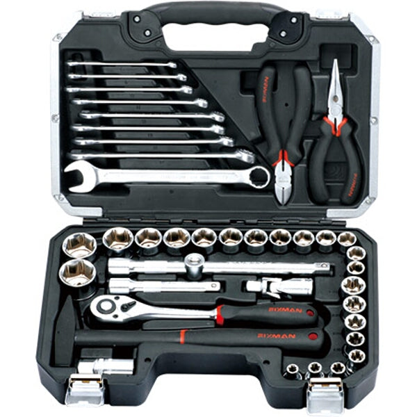 FIXMAN 40PC Socket Tool Set: 1/2 Drive Sockets, Wrenches, Pliers - Mechanic, DIY Home Repair Tool Kit