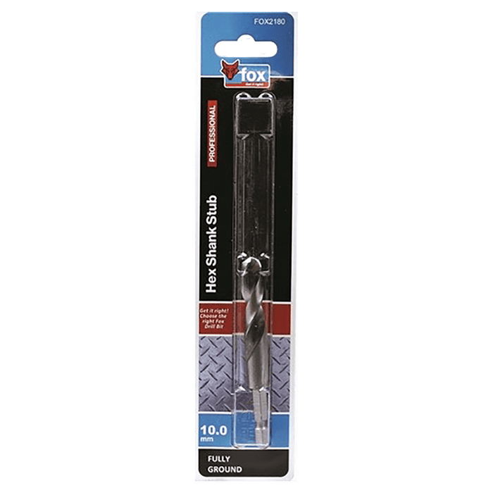 Fox Professional Hex Shank Stub Drill Bit - 10.0mm Fully Ground - Durable & Precise Drilling