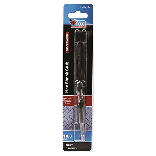 Fox Professional Hex Shank Stub Drill Bit - 10.0mm Fully Ground - Durable & Precise Drilling