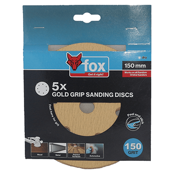 Fox Gold Grip Sanding Discs 150mm 150 Grit 5 Pack. Peel & Stick. Wood, Metal, Automotive Sanding.