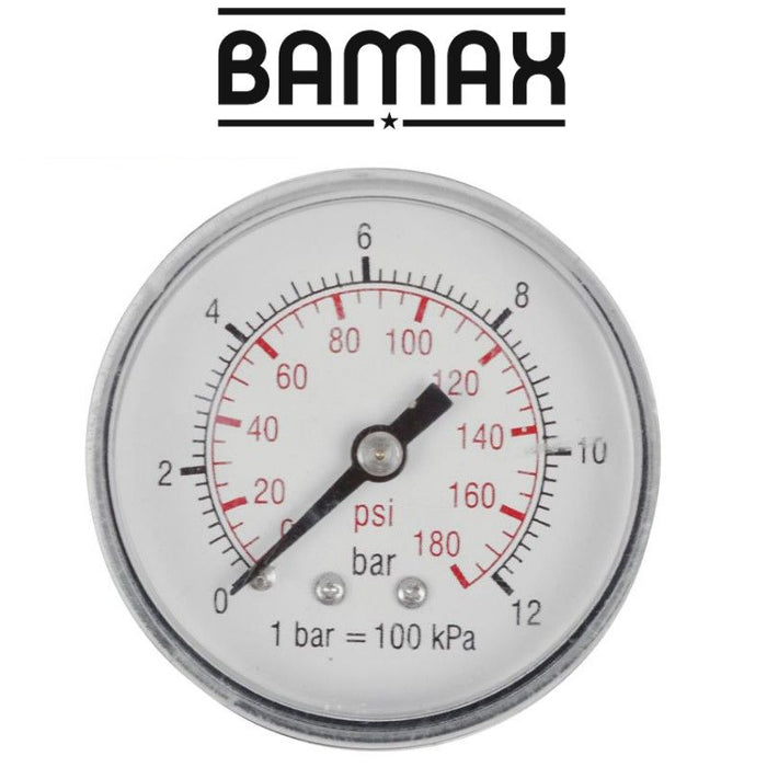 BAMAX Pressure Gauge: 0-12 Bar, PSI, kPa, 50mm, 1/8