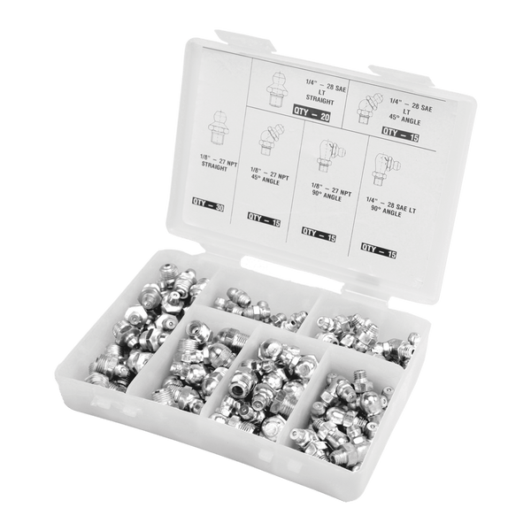 Grease Fitting Assortment Kit: SAE & NPT, Straight & Angle Grease Zerks in Organized Case. Variety of Sizes.