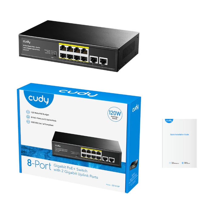 Cudy 8-Port Gigabit PoE+ Switch with 2 Uplink Ports, packaging and quick start guide