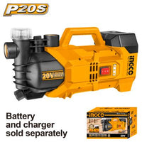 INGCO 20V Water Pump - Cordless Power, 47L/M Flow Rate, Rechargeable Battery Sold Separately. Best for gardening and home use.