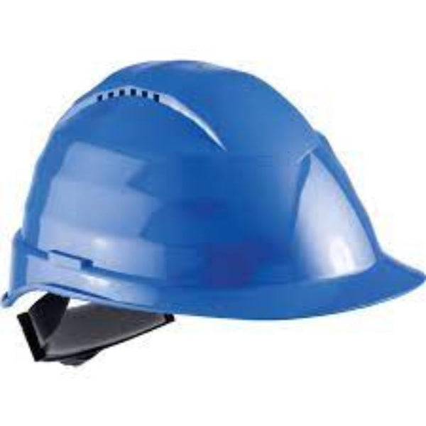 Blue Safety Helmet: Vented ABS, 6-Point Textile Harness, Ratchet Adjustment. Construction, industrial, head protection