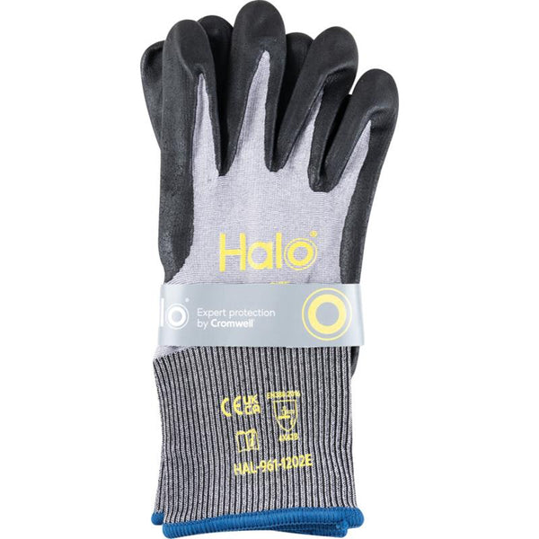 Halo Cut B Nitrile Palm Coated Work Gloves, Size 10. Expert Protection by Cromwell. Gray & Black.