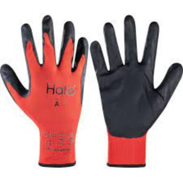 Halo work gloves, cut resistant level A, nitrile coated, red and black safety gloves. Size 11.