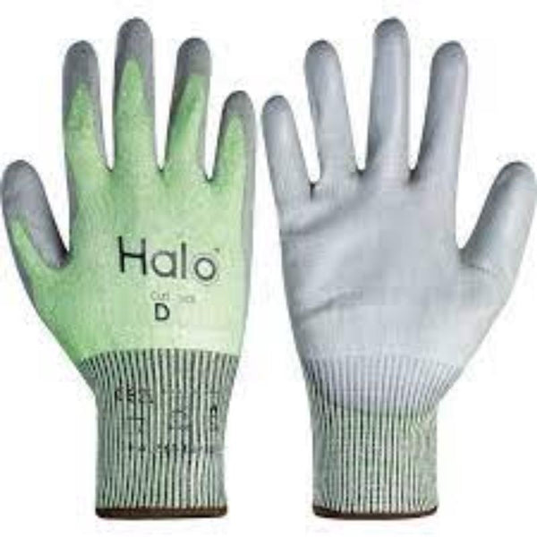 HALO Cut D Work Gloves - Grey & Green Nylon Safety Gloves, PU Coated Palm - Cut Resistant Hand Protection
