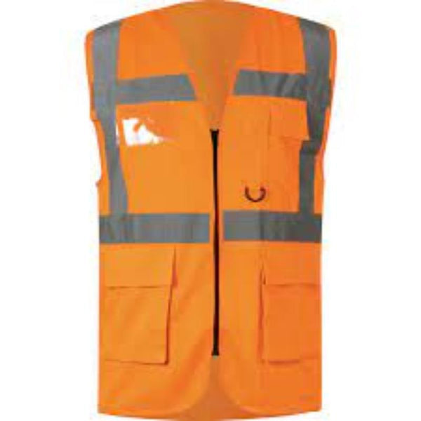 High Visibility Orange Executive Vest, EN20471 compliant, size 2XL, reflective safety vest with pockets for construction and road work.