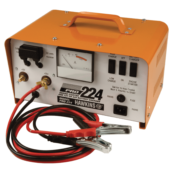 Hawkins Pro 224 Battery Charger: 12V/24V Engine Starter & Battery Charger. Portable, Heavy Duty Charger with Cables & Ammeter