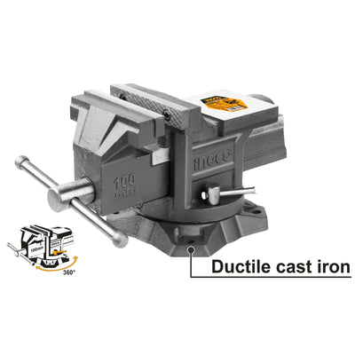 INGCO 4" Bench Vise: Ductile Cast Iron, 1300KG Capacity, 360° Rotation - Heavy Duty Workshop Tool