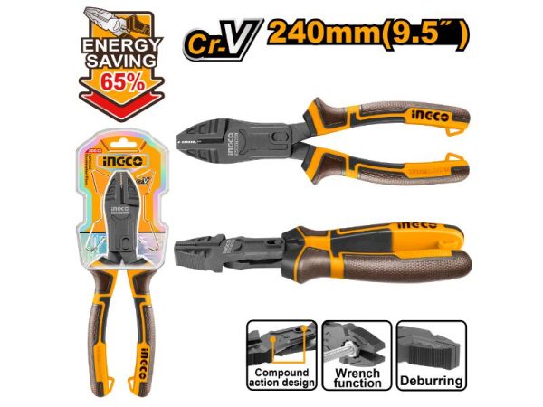 INGCO Compound Combination Pliers 240mm HCCP58240: Heavy-Duty Hand Tool for Gripping, Cutting & Deburring - Durable Cr-V Steel