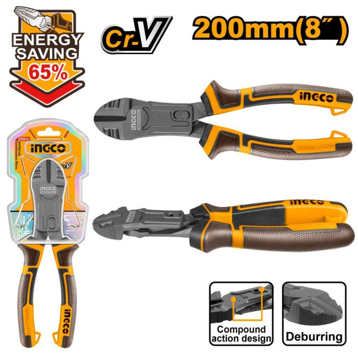 INGCO Diagonal Compound Plier 200MM Industrial Heavy Duty Cutting Gripping Tool
