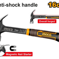 INGCO 16oz Claw Hammer: Anti-shock, Forged Steel, Magnetic Nail Starter. Professional Tool for DIY & Construction.