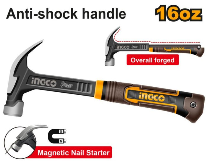 INGCO 16oz Claw Hammer: Anti-shock, Forged Steel, Magnetic Nail Starter. Professional Tool for DIY & Construction.