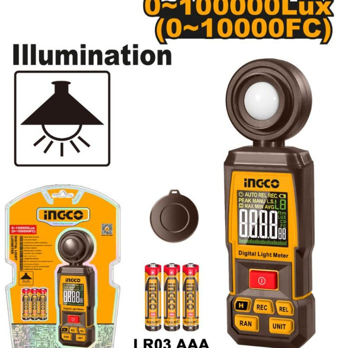 INGCO Digital Lux Meter HETLU031: Measure Light Intensity. Includes Meter, Batteries, Case & Packaging. 0-100000Lux Range.
