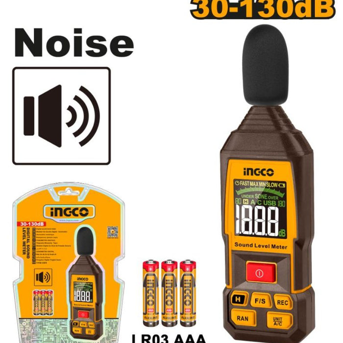 INGCO Sound Level Meter HETSL031, 30-130dB Noise Meter with LR03 AAA Batteries for Sound Measurement & Noise Level Monitoring
