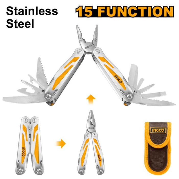 INGCO 15-Function Multi-Tool Knife Foldable Stainless Steel - Versatile Pocket Tool for DIY, Camping, and Everyday Carry