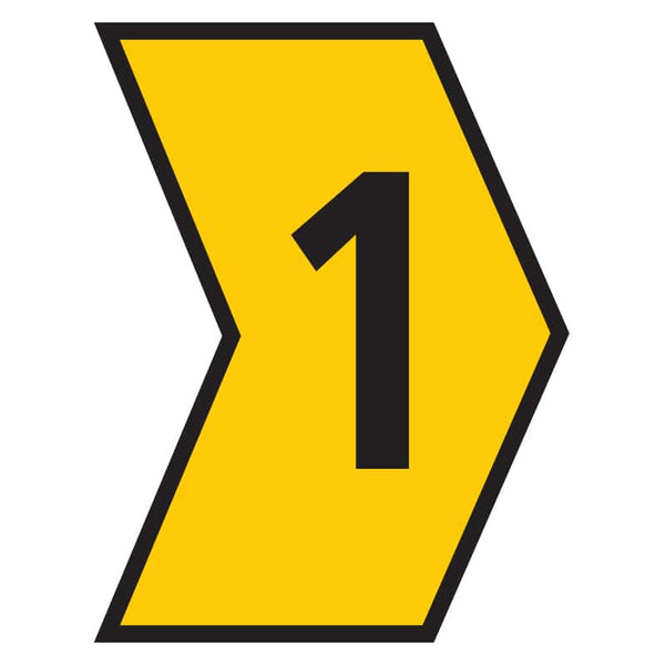 Yellow Marker: Directional Number 1 Sign - Navigation Arrow Indicator. Number One in Black on Yellow Chevron. 