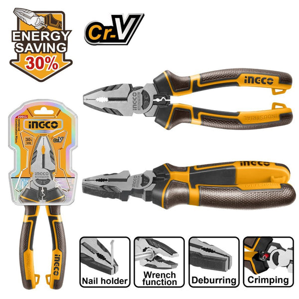 INGCO Combination Pliers 200mm: Cr-V Steel, Energy Saving, Nail Holder, Wrench, Deburring, Crimping - Professional Grade