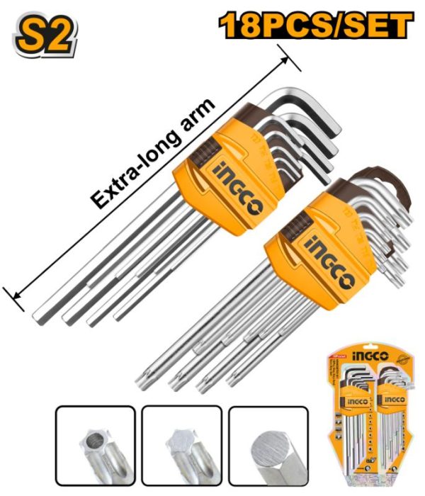 INGCO Allen Key Hex & Torx Set 18pcs Extra Long - HHKSET0181 | Hex Key Set, Torx Key Set, Allen Wrench Set