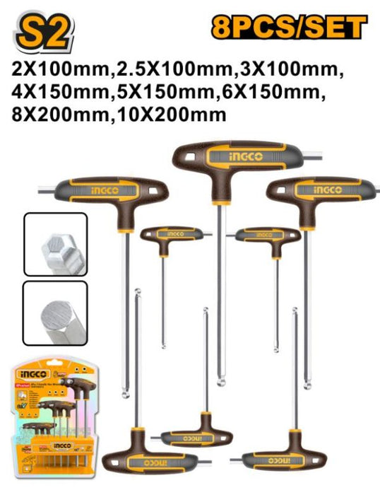 INGCO Allen Key Set: 8-Piece T-Handle Hex Ball Set, Sizes 2mm-10mm | Durable Hand Tools