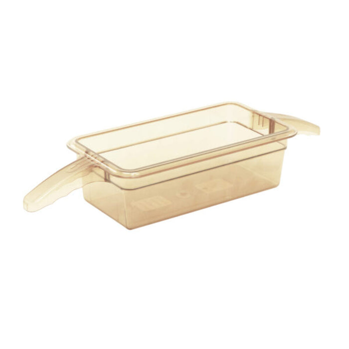 CAMBRO High Heat 1/3 GN Amber Food Pan with Handles, 100mm Deep. Durable commercial kitchen pan for PHU units.