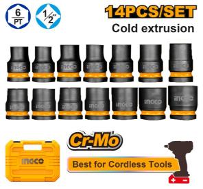 INGCO 14-Piece Impact Socket Set (1/2in Drive, 10-27mm) Cr-Mo Steel for Cordless Tools