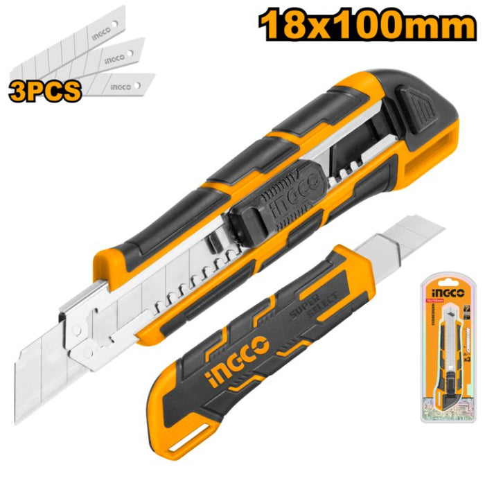 INGCO Snap Off Knife 18x100mm with 3 Blades - Utility Cutter, Heavy Duty, Precision Cutting Tool