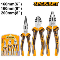 INGCO 3-Piece Plier Set: Long Nose, Combination, Linesman Pliers - Durable Hand Tools Kit HKPS08318